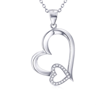 925 Sterling Silver Double Open Heart CZ Paved Pendant Jewelry